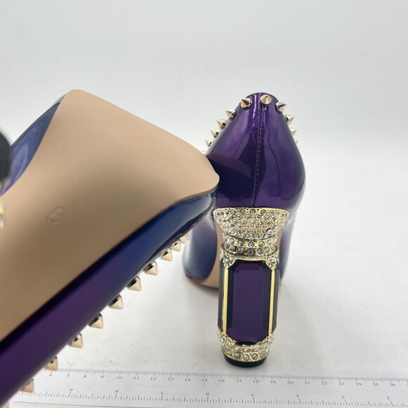 FSJ purple Rivets Bridal Pointed Toe Chunky High Heel Crystal Pumps Dress Shoes - Picture 6 of 8